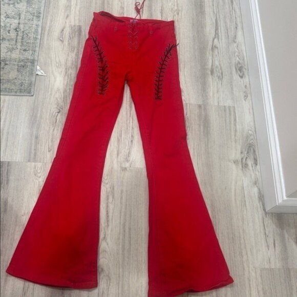 Edikted Red Lace-Up Flare Jeans FIRE ENGINE SIZE MEDIUM - Picture 2 of 10
